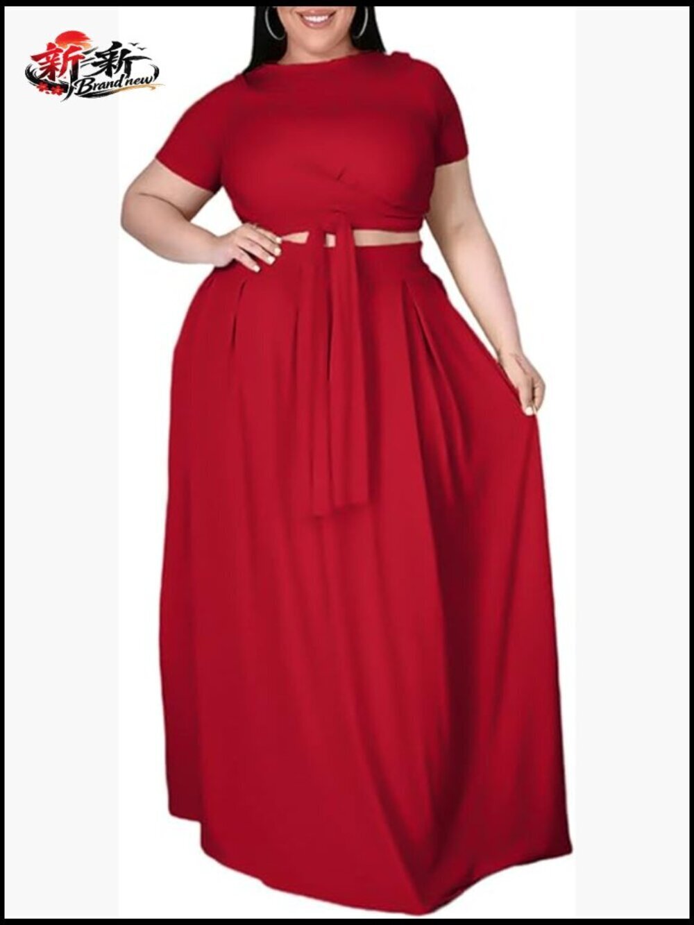 Polyester Spandex Plus Size Two Piece Maxi Dress Set Crop Top Skirt